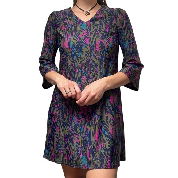 Jude Connally Abstract Feather Floral Lexi Shift 3/4 Sleeve Mini Dress Women’s S - Picture 1 of 9